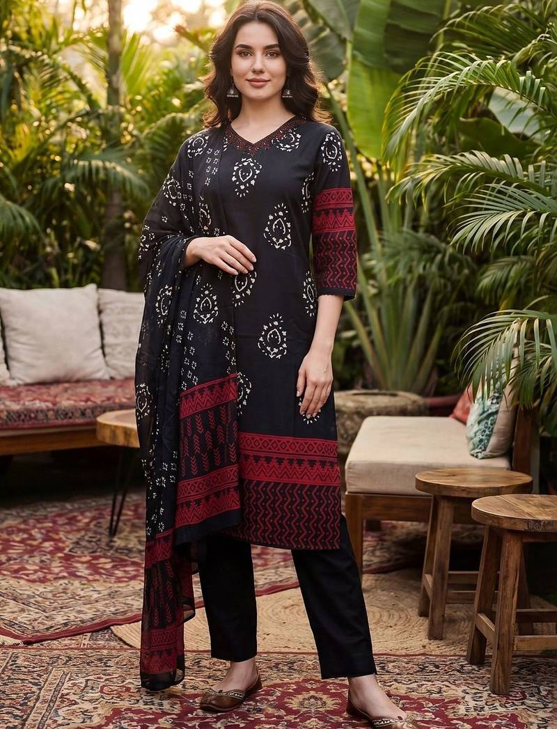 Women Floral Printed Regular Thread Work Pure Cotton Kurta with Trousers & With Dupatta