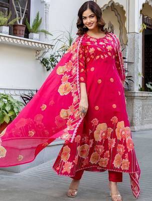 Women Floral Printed Regular  Cotton Kurta with Trousers & With Dupatta 2