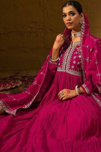 Floral Embroidered Notched Neck Pleated A-Line Kurta With Trousers & Dupatta