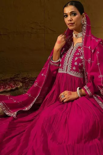 Floral Embroidered Notched Neck Pleated A-Line Kurta With Trousers & Dupatta