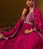 Floral Embroidered Notched Neck Pleated A-Line Kurta With Trousers & Dupatta