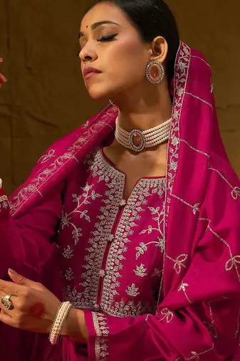 Floral Embroidered Notched Neck Pleated A-Line Kurta With Trousers & Dupatta