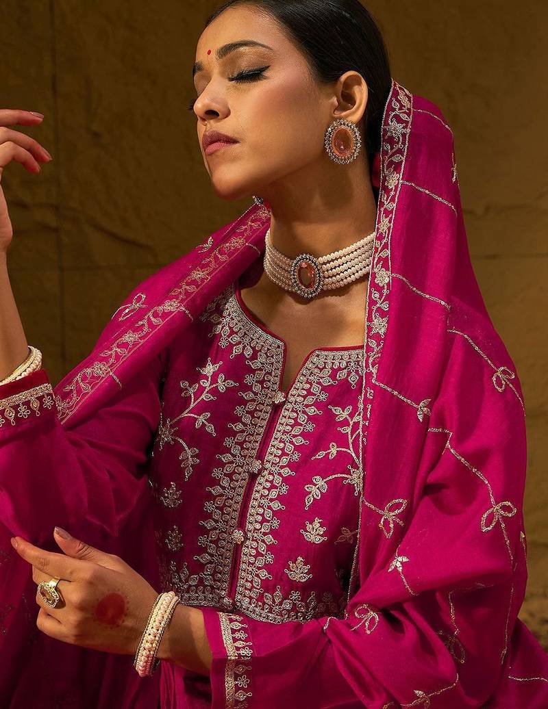 Floral Embroidered Notched Neck Pleated A-Line Kurta With Trousers & Dupatta