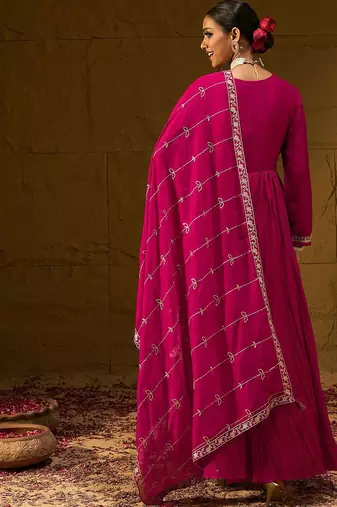 Floral Embroidered Notched Neck Pleated A-Line Kurta With Trousers & Dupatta