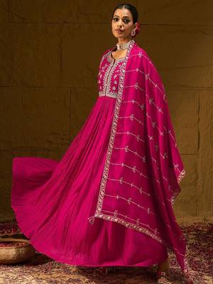 Floral Embroidered Notched Neck Pleated A-Line Kurta With Trousers & Dupatta 4