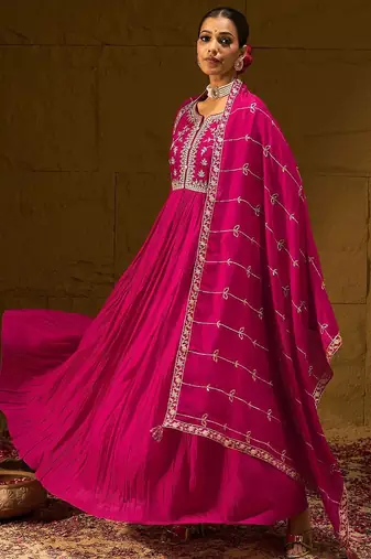Floral Embroidered Notched Neck Pleated A-Line Kurta With Trousers & Dupatta