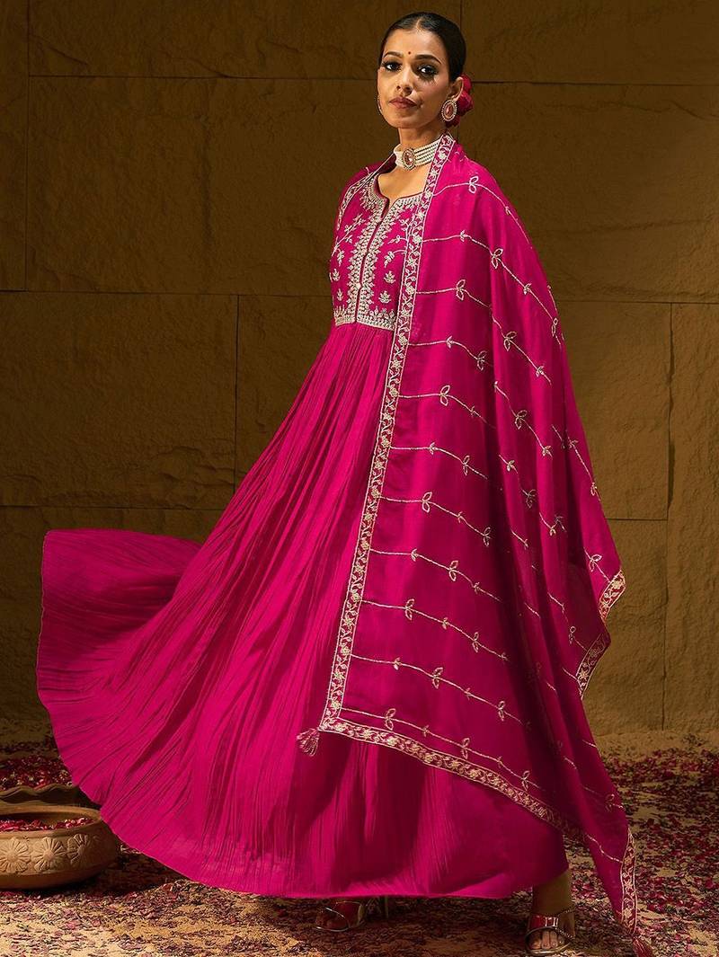 Floral Embroidered Notched Neck Pleated A-Line Kurta With Trousers & Dupatta