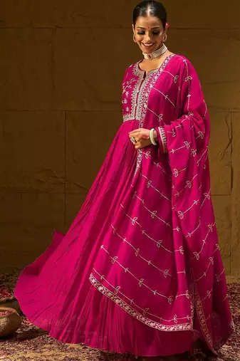 Floral Embroidered Notched Neck Pleated A-Line Kurta With Trousers & Dupatta