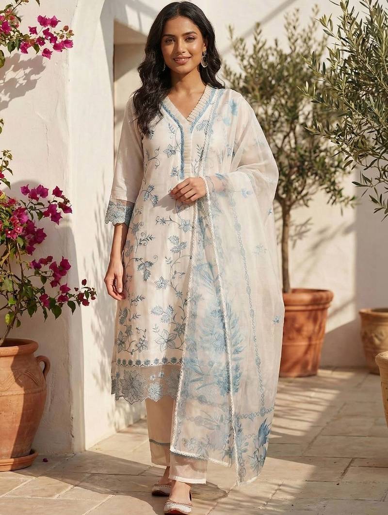 Women Floral Embroidered Regular Thread Work Kurta with Trousers & With Dupatta