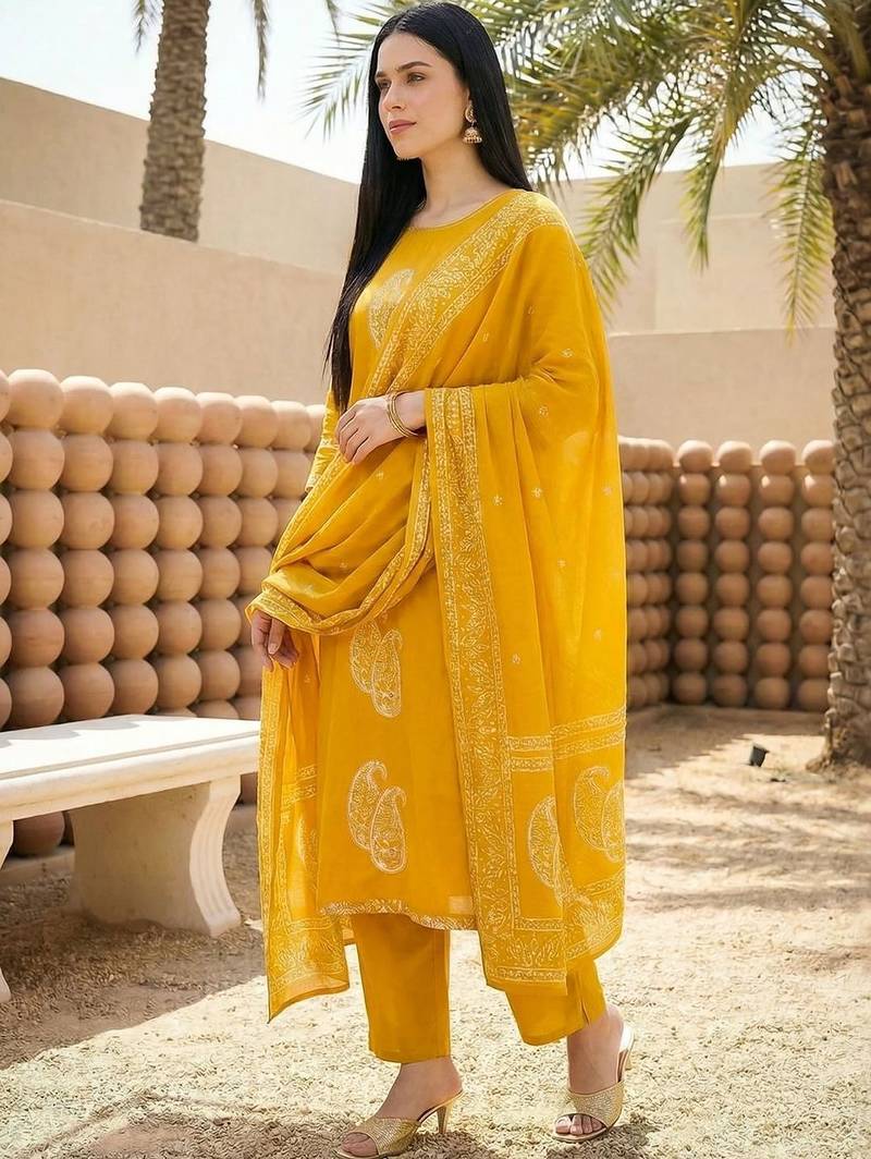 Women Ethnic Motifs Embroidered Regular Thread Work Pure Cotton Kurta with Trousers & With Dupatta