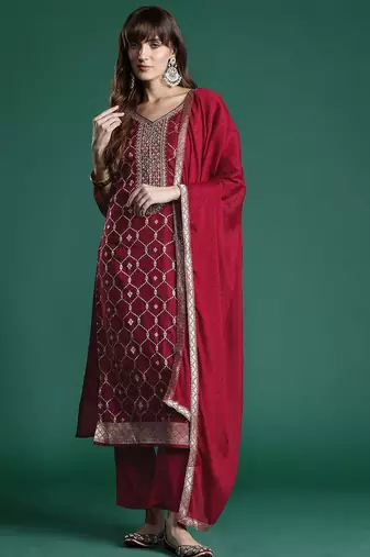 Embroidered Jacquard Zari Kurta With Trousers & Dupatta
