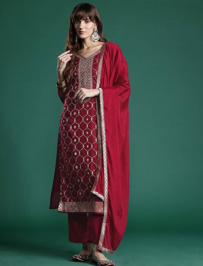 Embroidered Jacquard Zari Kurta With Trousers & Dupatta