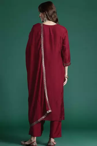 Embroidered Jacquard Zari Kurta With Trousers & Dupatta