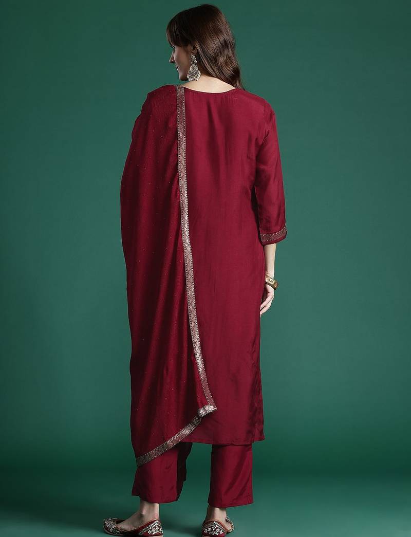 Embroidered Jacquard Zari Kurta With Trousers & Dupatta