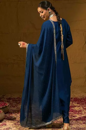 Ethnic Motifs Embroidered Zari Straight Kurta with Trousers & Dupatta