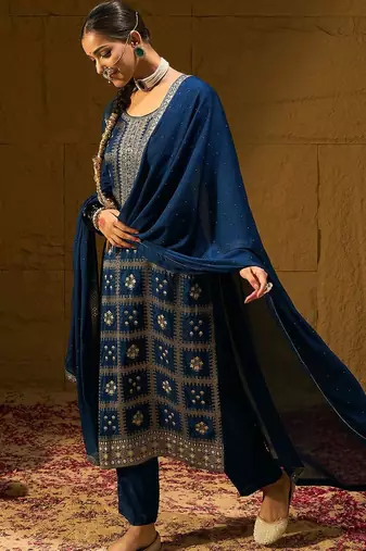 Ethnic Motifs Embroidered Zari Straight Kurta with Trousers & Dupatta