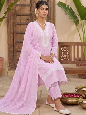 Women Ethnic Motifs Embroidered Regular Thread Work Pure Cotton Kurta with Trousers & With Dupatta 1