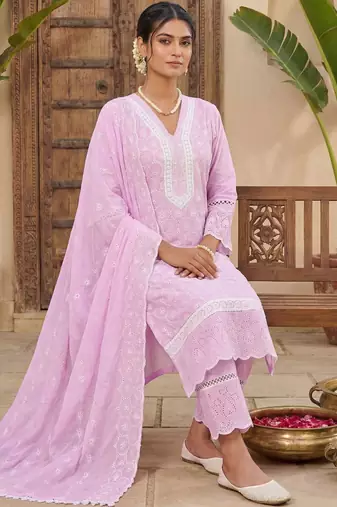 Women Ethnic Motifs Embroidered Regular Thread Work Pure Cotton Kurta with Trousers & With Dupatta