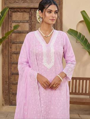 Women Ethnic Motifs Embroidered Regular Thread Work Pure Cotton Kurta with Trousers & With Dupatta 3