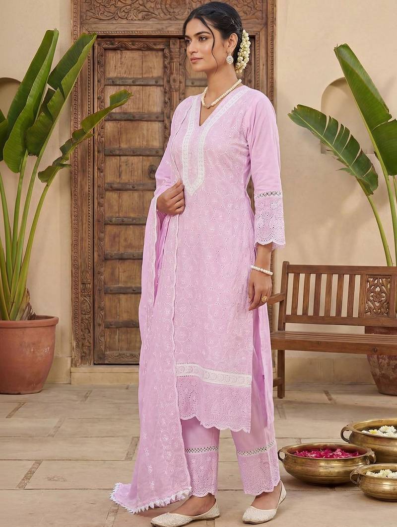 Women Ethnic Motifs Embroidered Regular Thread Work Pure Cotton Kurta with Trousers & With Dupatta