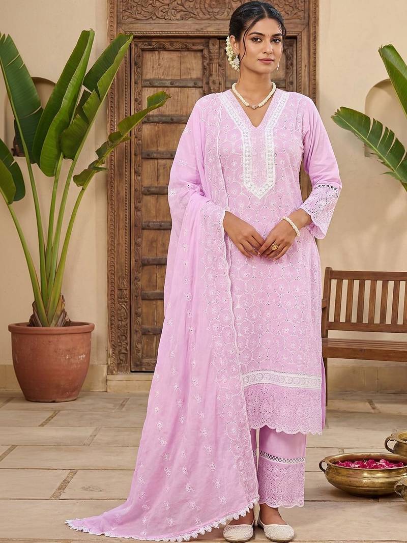 Women Ethnic Motifs Embroidered Regular Thread Work Pure Cotton Kurta with Trousers & With Dupatta