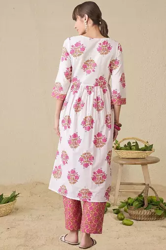 Floral Printed Notch Neck A-Line Pure Cotton Kurta With Trousers