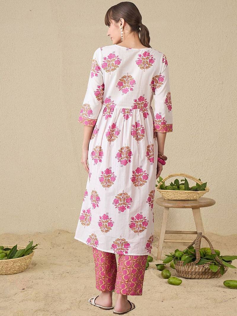 Floral Printed Notch Neck A-Line Pure Cotton Kurta With Trousers