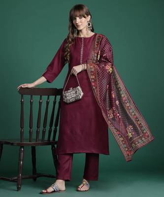 Ethnic Motifs Yoke Design Thread Work Kurta with Trousers & With Dupatta 1