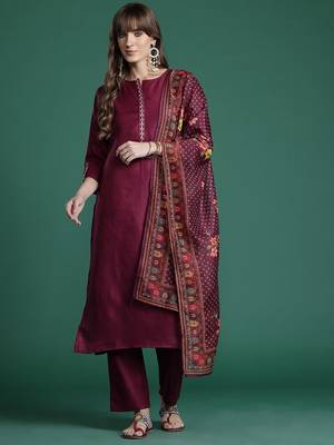 Ethnic Motifs Yoke Design Thread Work Kurta with Trousers & With Dupatta 6