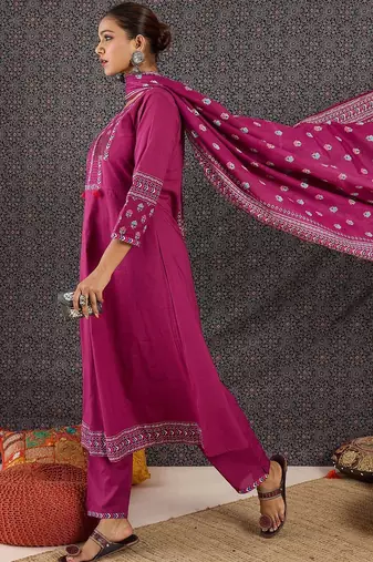 Women Ethnic Motifs Printed Pleated Thread Work Pure Cotton Kurta with Trousers & With Dupatta