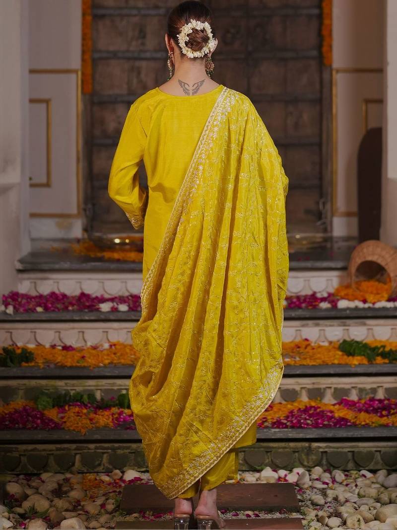 Women Ethnic Motifs Embroidered Regular Sequinned Kurta with Trousers & With Dupatta
