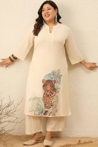 Plus Size Animal Printed Regular Pure Cotton Kurta with Trousers