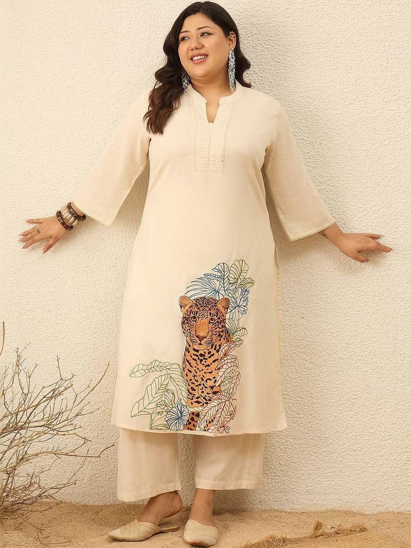 Plus Size Animal Printed Regular Pure Cotton Kurta with Trousers