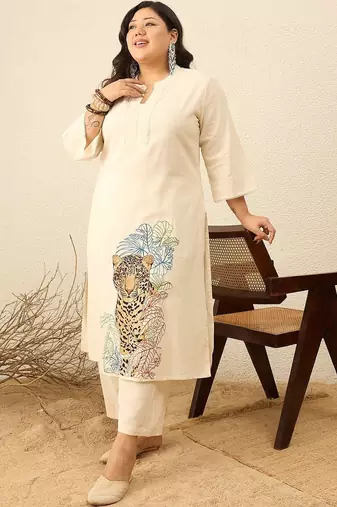 Plus Size Animal Printed Regular Pure Cotton Kurta with Trousers