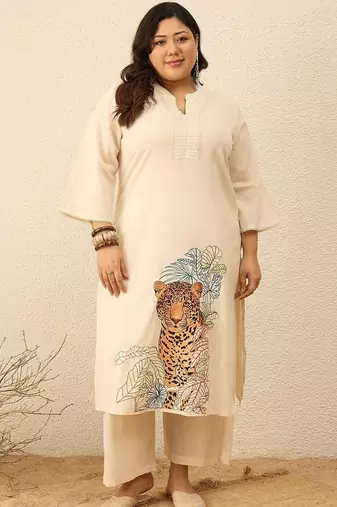 Plus Size Animal Printed Regular Pure Cotton Kurta with Trousers