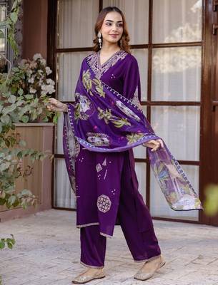 Women Ethnic Motifs Embroidered Regular Thread Work Kurta with Trousers & With Dupatta 1