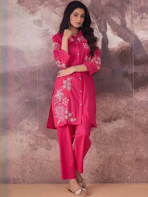 Floral Embroidered Thread Work Pure Cotton Kurta With Trouser 1