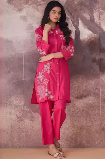 Floral Embroidered Thread Work Pure Cotton Kurta With Trouser