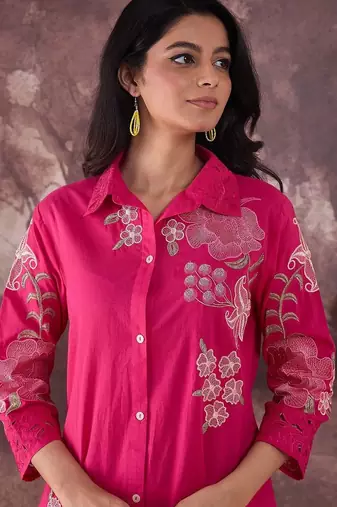 Floral Embroidered Thread Work Pure Cotton Kurta With Trouser