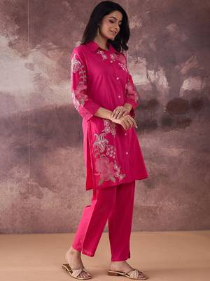 Floral Embroidered Thread Work Pure Cotton Kurta With Trouser 3