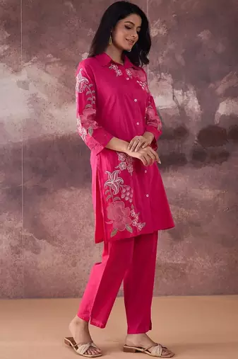 Floral Embroidered Thread Work Pure Cotton Kurta With Trouser
