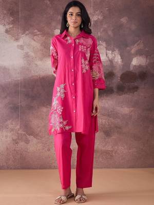 Floral Embroidered Thread Work Pure Cotton Kurta With Trouser 4