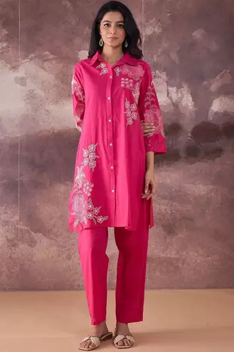 Floral Embroidered Thread Work Pure Cotton Kurta With Trouser