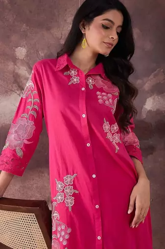 Floral Embroidered Thread Work Pure Cotton Kurta With Trouser