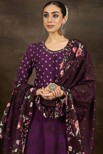 Floral Printed Pure Cotton Anarkali Kurta With Trousers & Dupatta