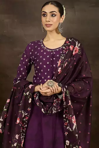 Floral Printed Pure Cotton Anarkali Kurta With Trousers & Dupatta