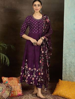 Floral Printed Pure Cotton Anarkali Kurta With Trousers & Dupatta 2