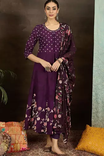 Floral Printed Pure Cotton Anarkali Kurta With Trousers & Dupatta