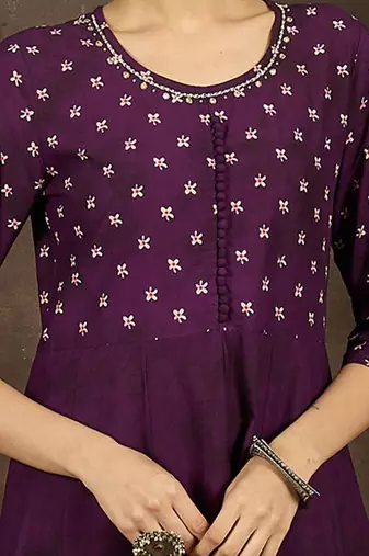 Floral Printed Pure Cotton Anarkali Kurta With Trousers & Dupatta