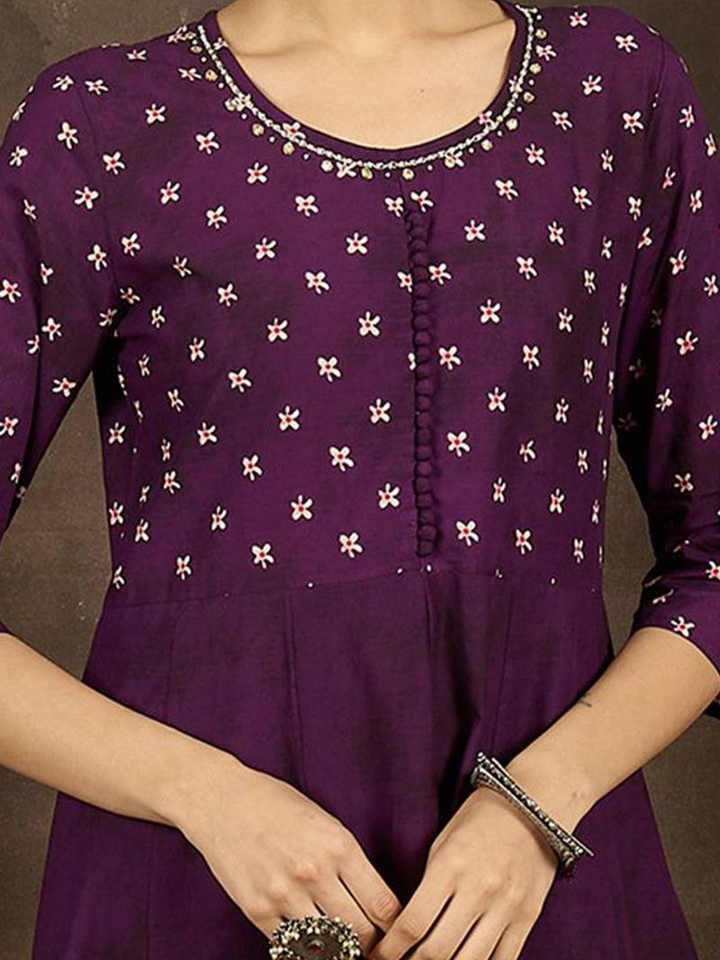Floral Printed Pure Cotton Anarkali Kurta With Trousers & Dupatta